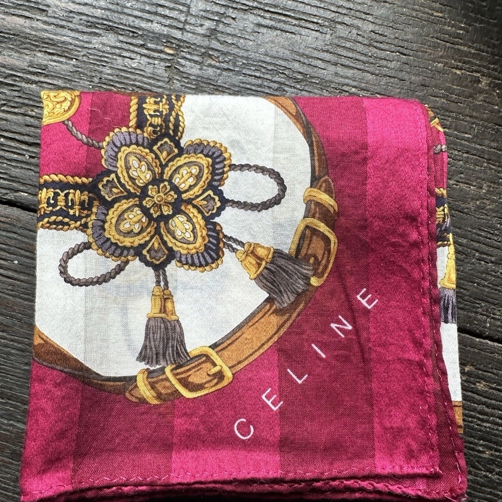 Vintage CELINE Paris Ornate Tassel Chain Print Cotton Square Scarf